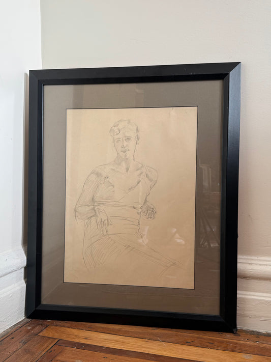 Antique Pencil Sketch, Woman in Nightgown, Framed