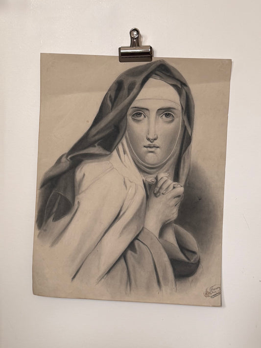 Large Graphite Portrait of Saint Theresa of Avila